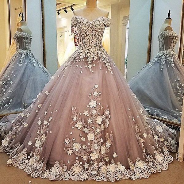 2022Formal Evening Dresses Women Elegant Sweetheart Off The Shoulder 3D Flowers Beading Grey Prom Dress Evening Dresses Party Gown