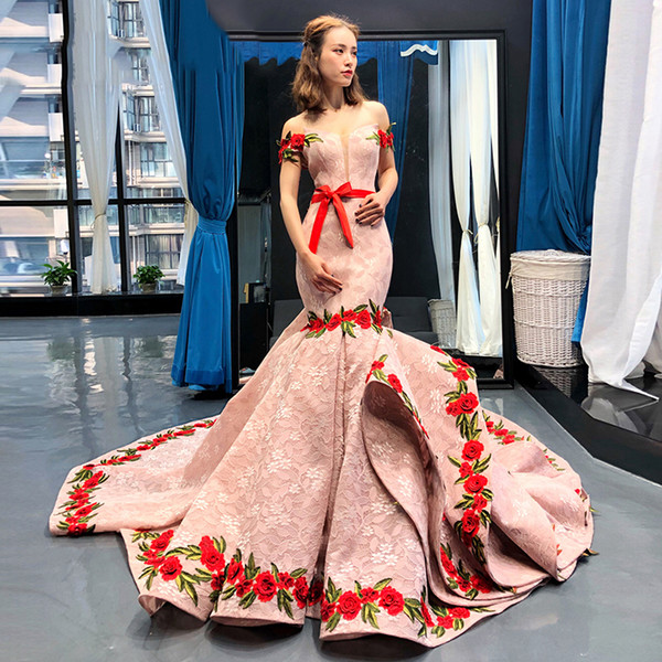 2022Newest Design Mermaid Party Dress Long Off The Shoulder Prom Dress With Flowers Rose Lace Up Back Trumpet Evening Dresses With Train