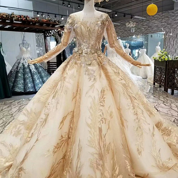 2022Arabic Formal Dresses Champagne Ball Gown Evening Dresses Long Sleeve O Neck See-Through Back Elegant Evening Dress Fast Shipping