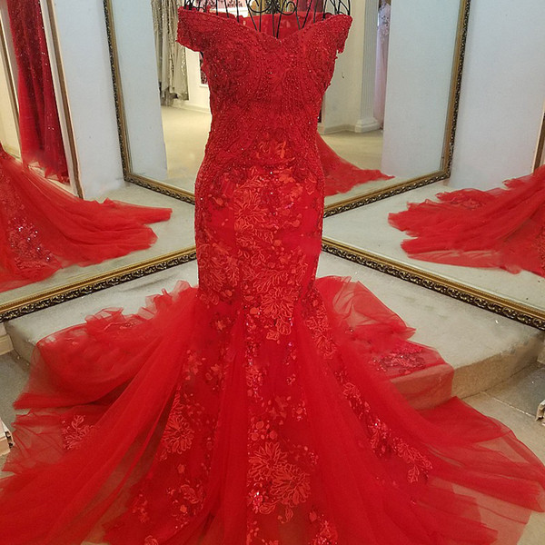 High Quality Red Evening Gown Sweetheart Tulle Lace Up Back Off The Shoulder Luxury Sexy Beading Mermaid Formal Dress Homecoming Dress