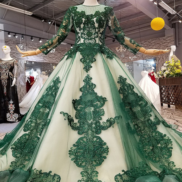 2022Green Evening Party Dresses With Beads And Glitter Ball Gown Muslim Lace Evening Dresses With Court Train Girl Pageant Dress