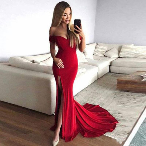 Mermaid Off Shoulder Slit Red Prom Dress Red Long Evening Dresses for Party Events Custom Made