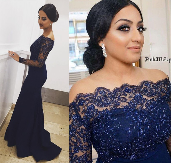 Long Sleeves Formal Evening Dresses Off Shoulder Appliques Beading Mermaid Long Navy Blue Prom Party Gowns Vestidos Plus Size Custom