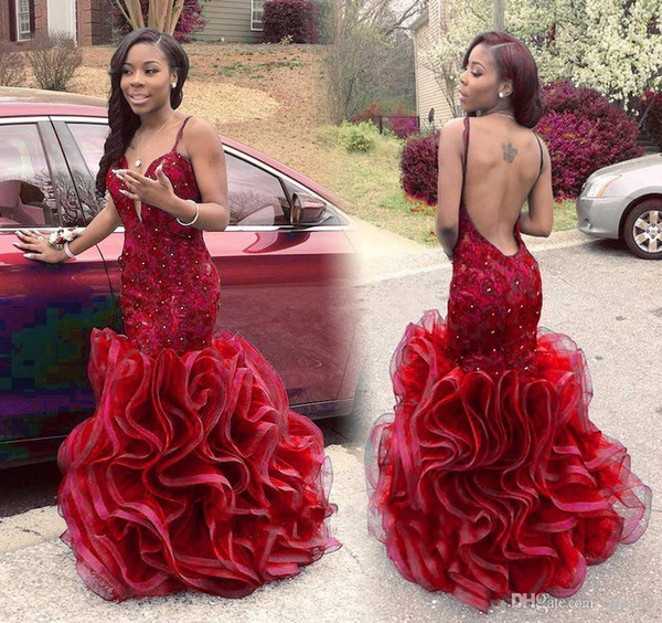 Africa Red Lace Mermaid Evening Dresses Spaghetti Backless Cascading Ruffles Organza Long Prom Pageant Party Gowns Arabic Cheap