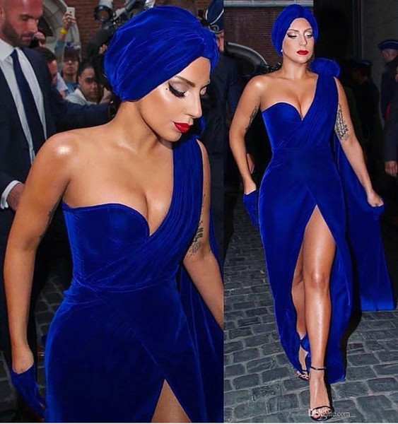 Lady GaGa Royal Blue Mermaid Evening Dresses One Shoulder High Slit Floor Length Velvet Long Formal Prom Red Carpet Gowns Cheap