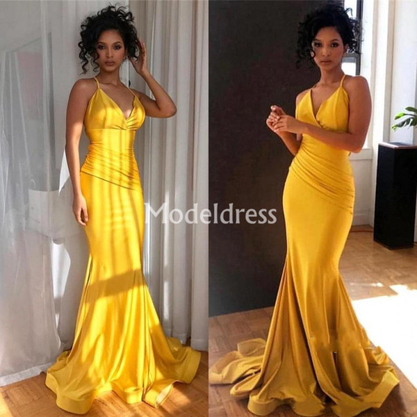 Arabric Yellow Mermaid Evening Dresses Spaghetti Strap Sweep Train Black Girl Prom Party Dresses Sexy Formal Gowns Vestidos De Fiesta