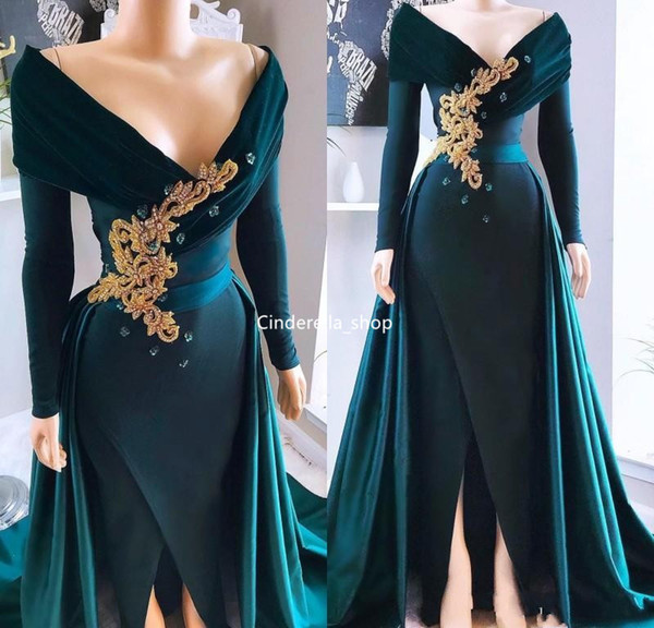 Dark Green Long Sleeves Evening Dresses Off The Shoulder Appliques Beaded Formal Prom Party Gowns With Front Slit Customized