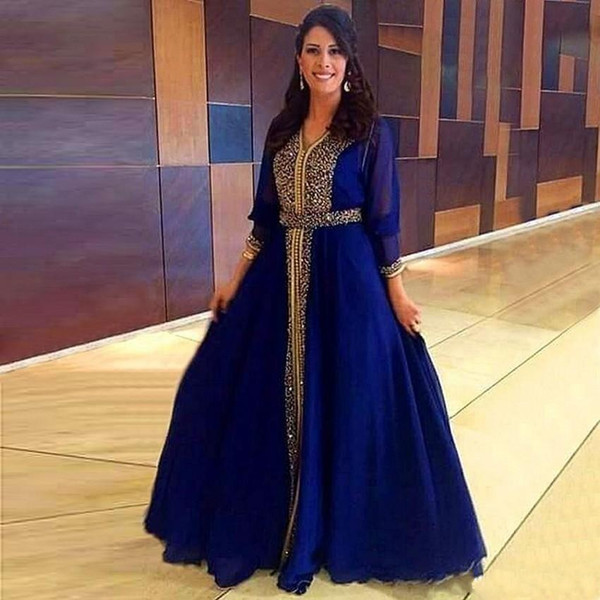 Royal Blue Evening Dresses for Mother of the Bride Gold Beading Chiffon A Line 3/4 Long Sleeves Formal Arabic Evening Gowns