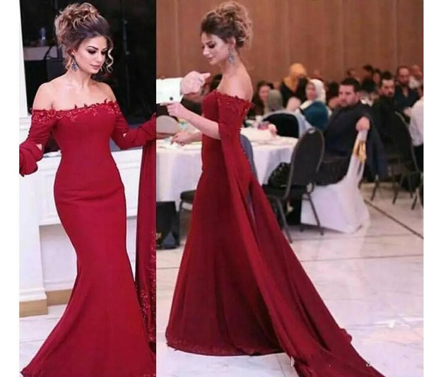 New Design Dark Red Evening Dresses Bateau Long Sleeves Wrap Sweep Train Appliques Women Formal Prom Party Gowns Cheap