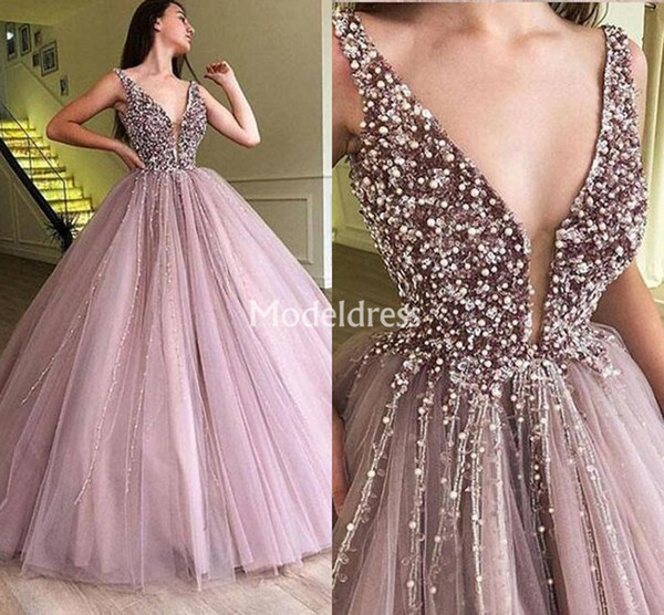 Luxury Evening Dresses Ball Gown Deep V-Neck Sequins Pearls Floor Length Modest Special Occasion Dresses Elegant Prom Gowns Vestidos