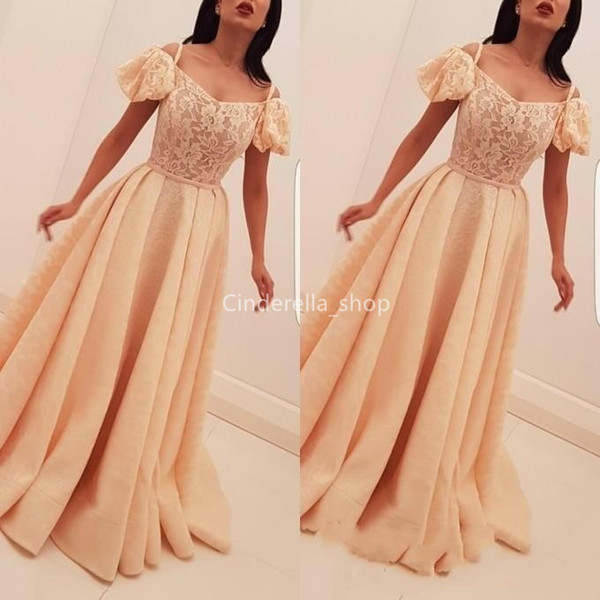 Saudi Arabic Lace Long Evening Dresses A-Line With Short Sleeves Special Occasion Dresses Abaya Customized Robes