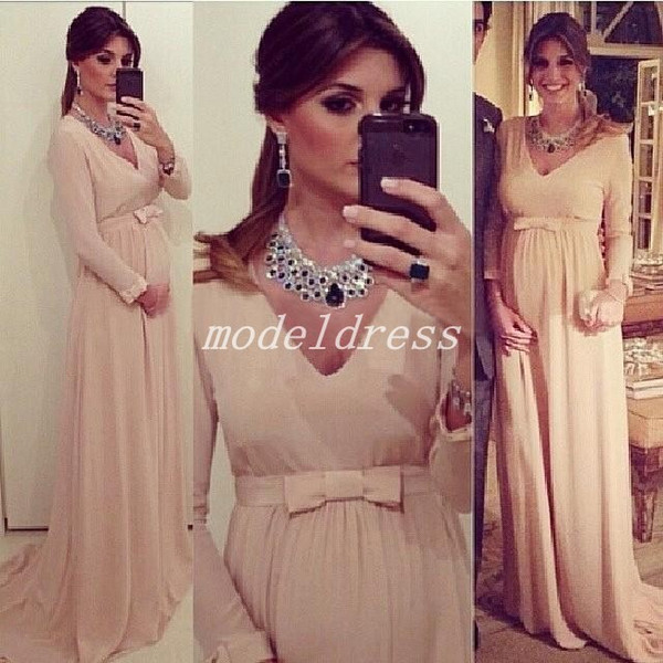 Champagne Maternity Pregnant Evening Dresses V Neck Long Sleeve Chiffon Sash Bow Prom Party Gowns Special Occasion Dress