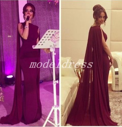 Arabic Dark Red Mermaid Evening Dresses With Shawl Bateau Sweep Train Chiffon Formal Prom Party Gowns Celebrity Dress Special Occasion Dress