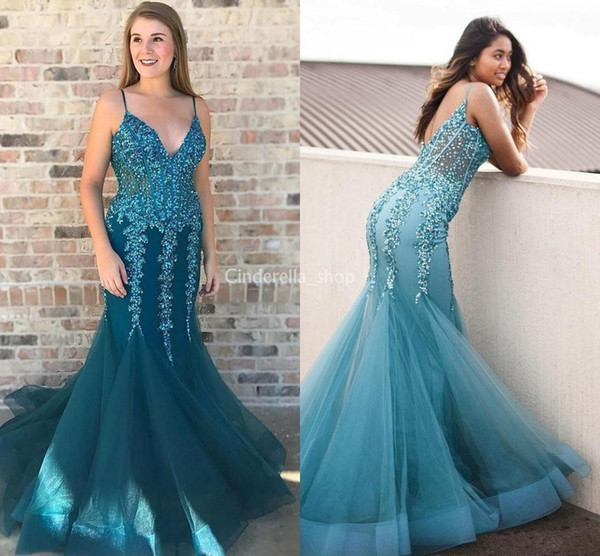 Formal Mermaid Crystal Evening Dresses Spaghetti Backless Appliques Beads Long Modest Arabic Teal Prom Party Gowns Plus Size Customized