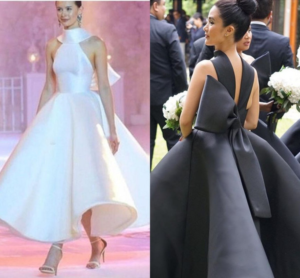 Latest Runway Evening Dresses Halter High Neck Backless Big Bow Ankle Length Satin White Black Prom Party Red Carpet Gowns Vestidos