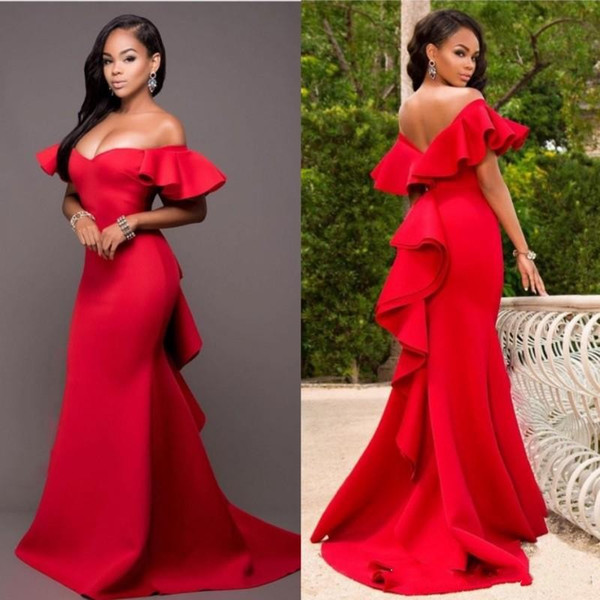 Unique Design Red Evening Dresses Off Shoulder Pleats Mermaid Sweep Train Arabic Prom Party Red Carpet Gowns Vestidos Cheap Customized