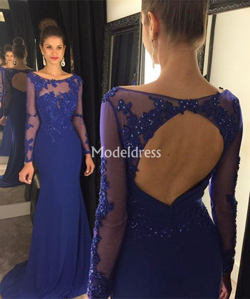 Elegant Mermaid Evening Dresses Sheer Neck Long Sleeves Open Back Crystals Sweep Train Formal Party Prom Gowns Appliques Vestidos De Fiestas