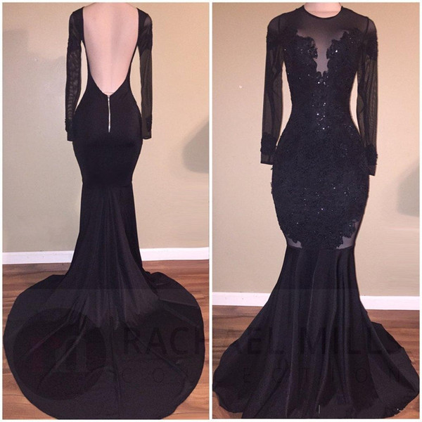 Black Mermaid Evening Dresses Long Sleeve Sheer Jewel Backless Appliques Illusion Bodice Long Formal Prom Party Gowns Arabic Cheap