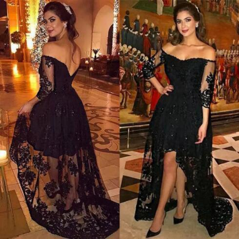 Off the Shoulder Black Evening Dresses with Sleeves High Front Low Back Lace Appliques Sexy Arabic Evening Gowns Open Back Custom Made