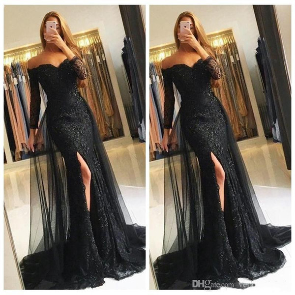 Black Mermaid Lace Evening Dresses Long Sleeve Off Shoulder Sweep Train Appliques High Slit Long Prom Pageant Party Gowns Cheap