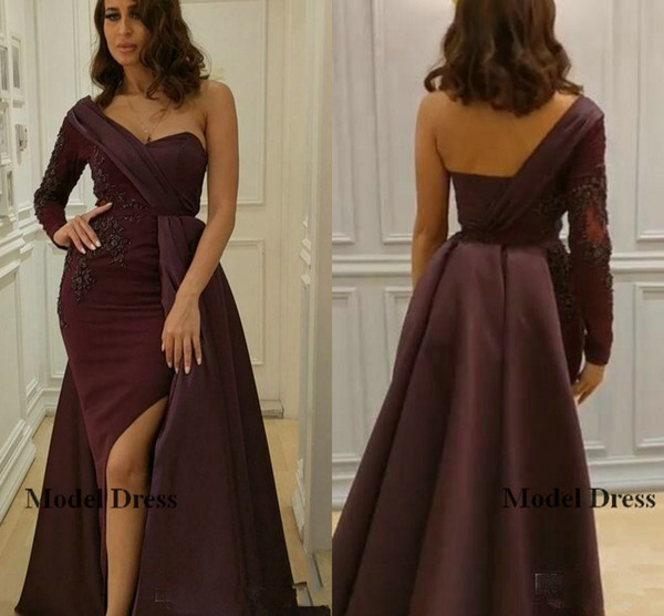 One Shoulder Long Sleeve Evening Dresses Satin Sheath With Train Floor Length Side Split Dubai Abaya Formal Evening Gowns for Women