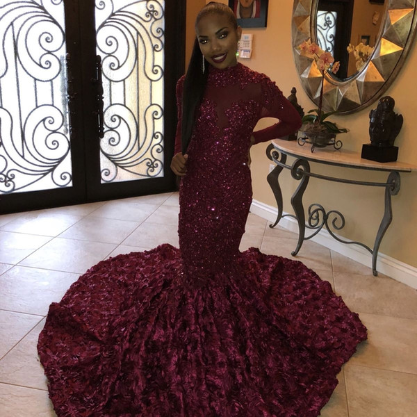 Sparkly Burgundy Mermaid Prom Dresses Long High Neck Long Sleeves 3d Flowers Evening Gowns Robe De Soiree BP039