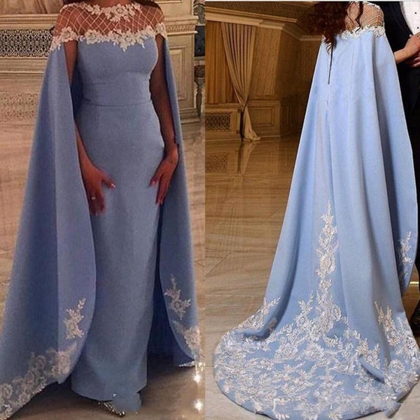 Arabic Style Evening Dresses with Cape Sheer Neck Beading White Appliques Light Blue Satin Formal Women Evening Gowns Party Dress