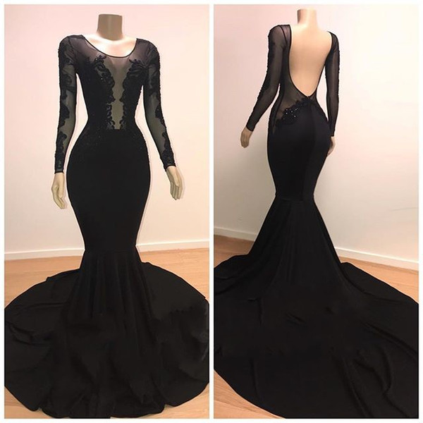 Elegant Lace Mermaid Evening Dresses Illusion Bodice Sheer Neck Long Sleeves Backless Court Sweep Formal Prom Gowns Vestidos De Fiesta