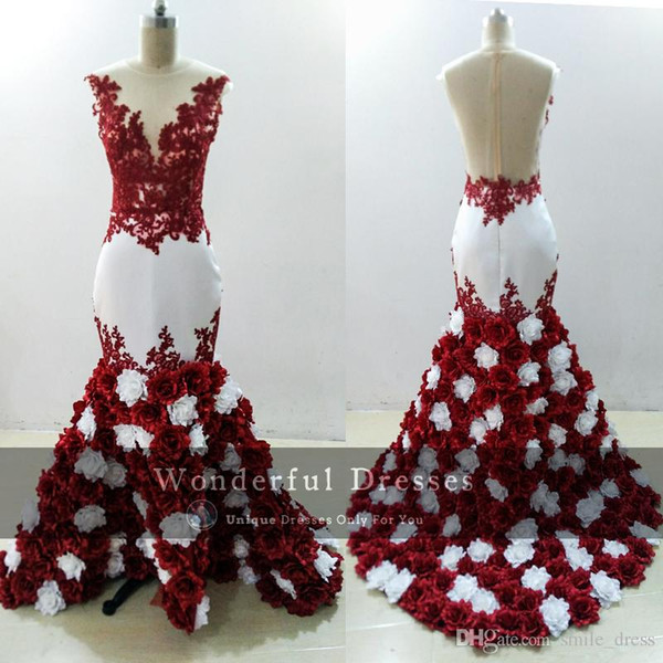 3D Rose Flowers Mermaid Prom Dresses Sexy Burgundy And White Lace Appliques Sheer Black Girl Evening Dress African Negarian