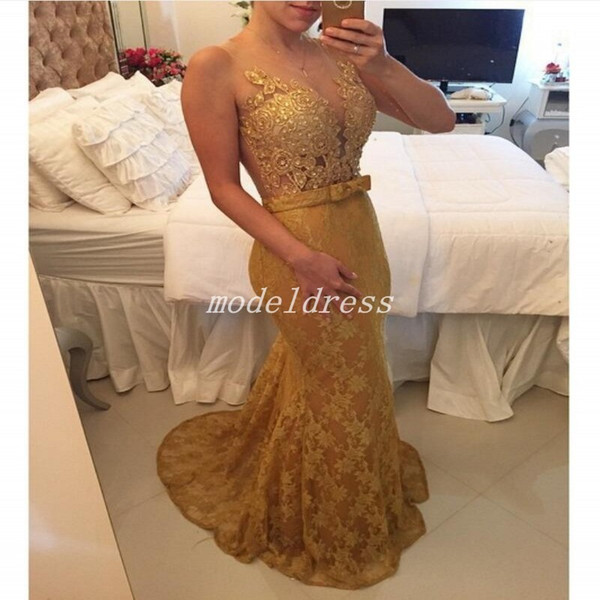 Illusion Bodice Gold Mermaid Evening Dresses Sheer Neck Lace Appliques Beads Formal Prom Party Gowns Special Occasion Dress Arabic