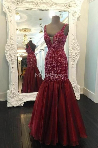 Arabric Mermaid Burgundy Evening Dresses Rhinestones Sleeveless Floor Length Backless Party Prom Dresses With Organza Skirt Biling Vestidos