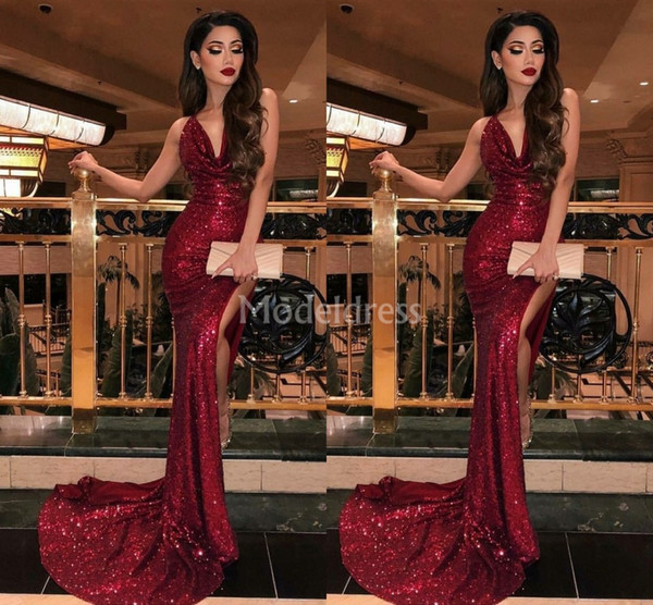 Sexy Mermaid Evening Gowns V Neck Sleeveless Sequined High Side Split Sweep Train Special Occasion Dresses Stylish Biling Party Dresses