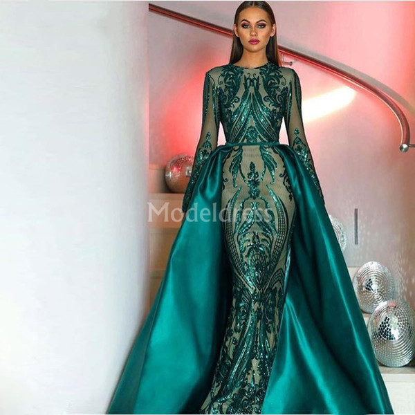 Arabric Evening Dresses With Detachable Train Long Sleeves Sequins Biling Formal Party Prom Gowns Gorgeous Special Occasion Dresses Custom