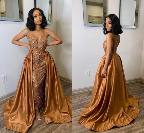 Glamorous Brown Mermaid Evening Dresses With Over Train Sheer Neck See Through Sweep Train Appliques Beads Arabic Formal Prom Party Gowns