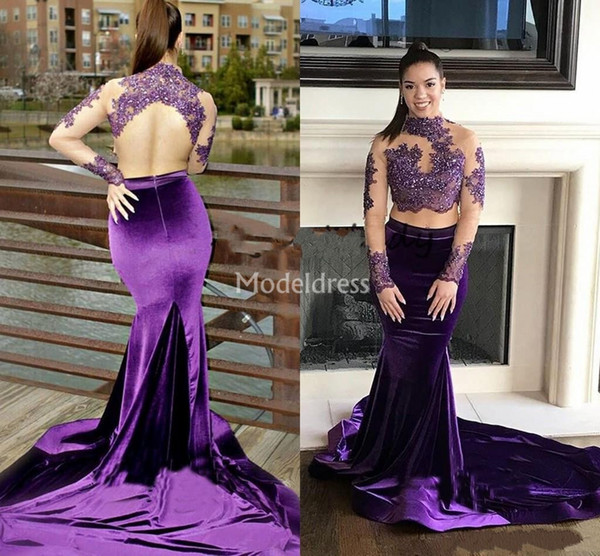 Gorgeous Lace Mermaid Purple Evening Dresses With Long Sleeves Jewel Sheer Neck Court Train Formal Party Gowns Illusion Vestidos De Fiesta