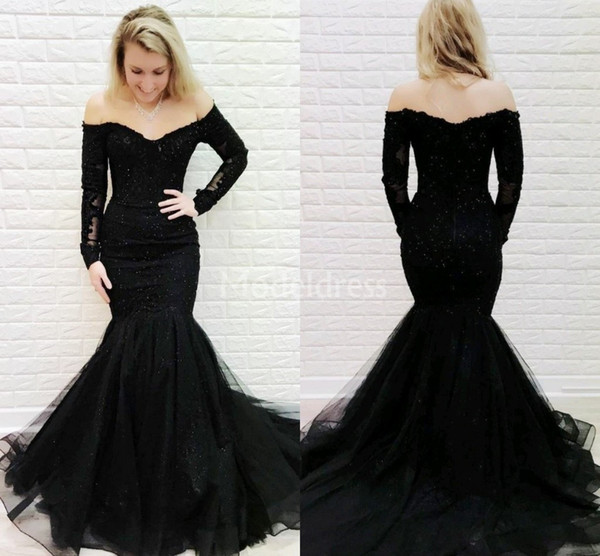 Charming Mermaid Lace Evening Dresses Off Shoulder Long Sleeves Illusion Sweep Train Backless Party Prom Gowns Beaded Special Occasion Dress