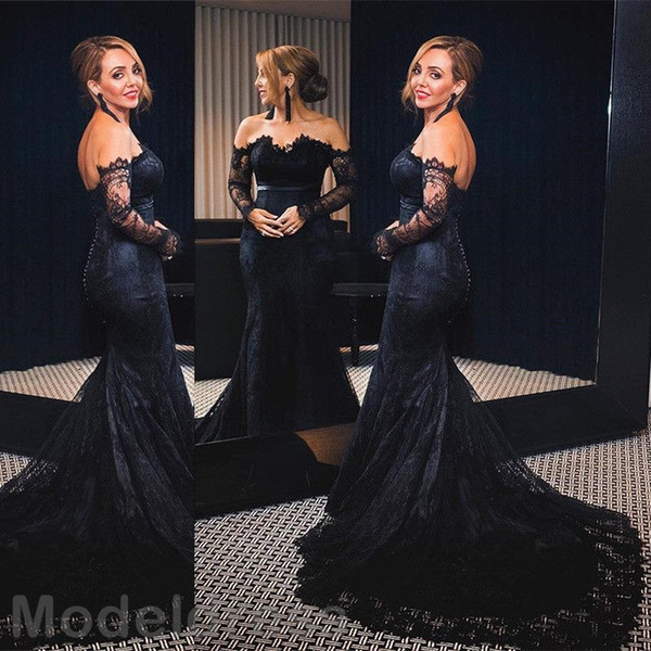 Black Full Lace Formal Evening Dresses Off Shoulder Long Sleeve Mermaid Backless Sweep Train Arabic Prom Party Gowns Plus Size Custom