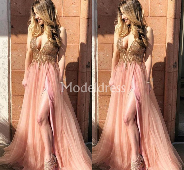 High Side Split Long Evening Dresses New Deep V-Neck Sweep Strain Sleeveless Formal Gowns Beading Sexy Vestidos De Fiesta Prom Party Dresses