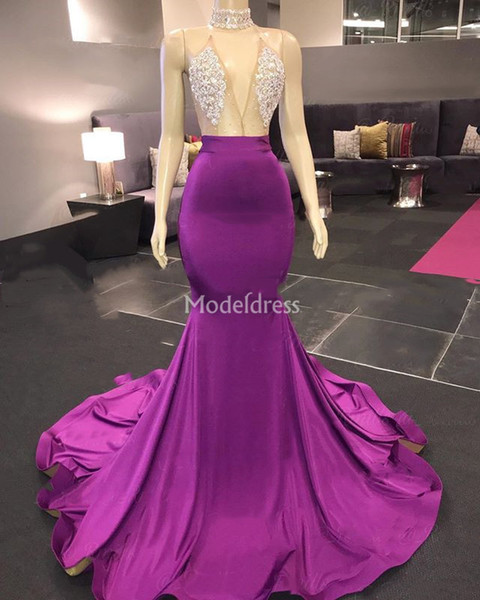 Sexy Mermaid Evening Dresses New Deep V-Neck Crystal Illusion Sleeveless Sweep Train Special Occasion Dresses Modest Formal Prom Gowns