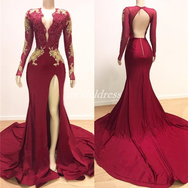 Vintage Long Sleeve Dark Red Mermaid Evening Dresses Hollow Back Side Split Sweep Train Gold Appliques Beads Formal Prom Party Gowns 