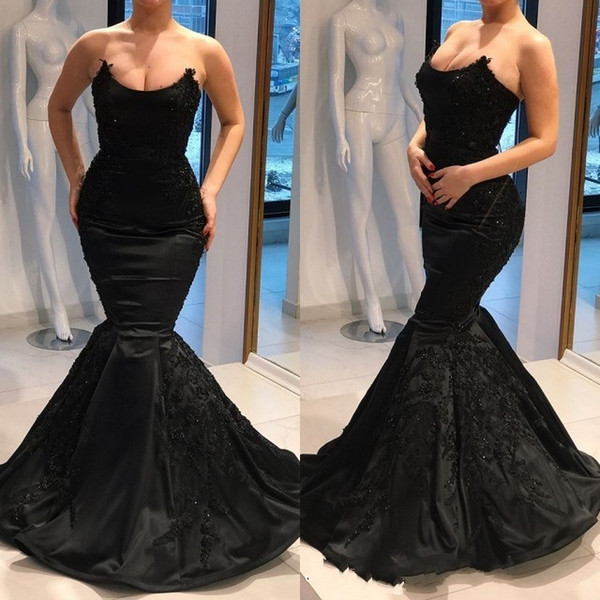 Classic Black Mermaid Evening Dresses Strapless Sweep Train Appliques Beads Formal Prom Party Gowns Special Occasion Dress Red Carpet Wear