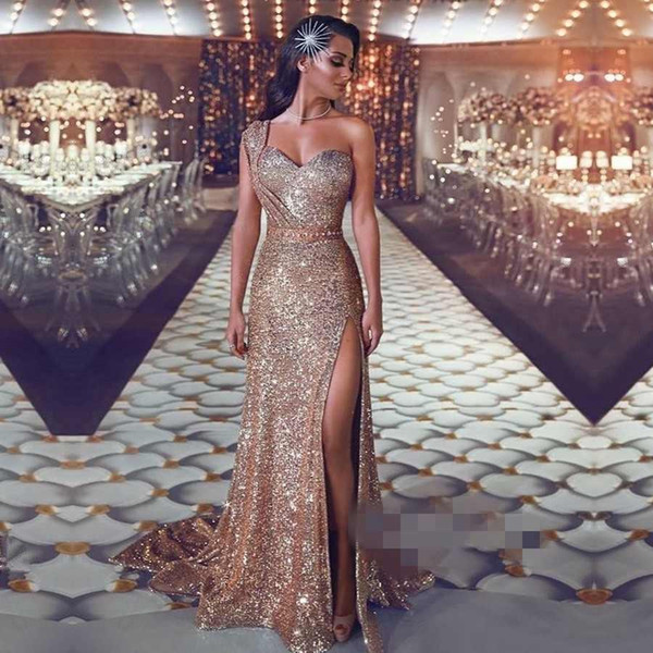 Dubai Sparkly Sequined Mermaid Evening Dresses One Shoulder High-Thigh Slits Sweep Train Special Occasion Dress vestidos de fiesta