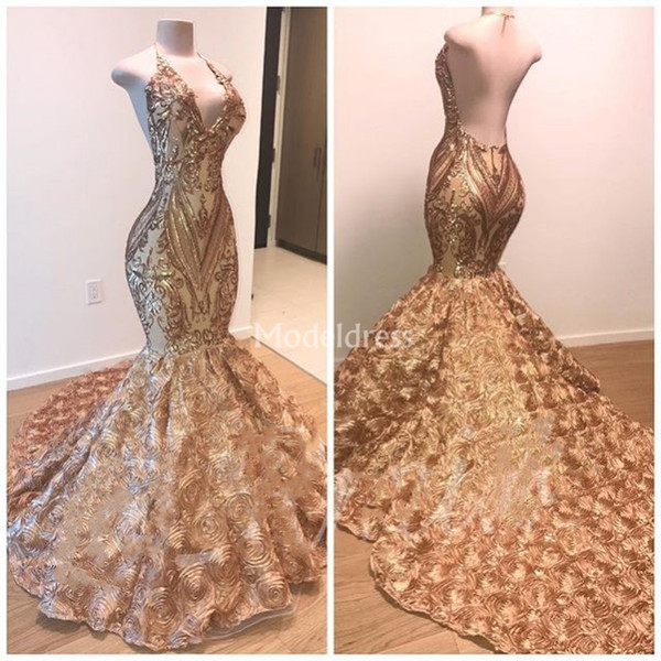 Gorgeous Gold Mermaid Evening Dresses Halter Backless Major Beading Court Train Formal Prom Gowns Elegant Flowers Special Occasion Dresses