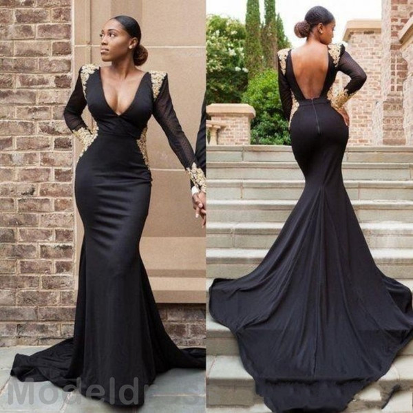 African Mermaid Evening Dresses Black Open Back Deep V-Neck Vintage Long Sleeve Gold Appliques Dubai Formal Evening Wear Gowns