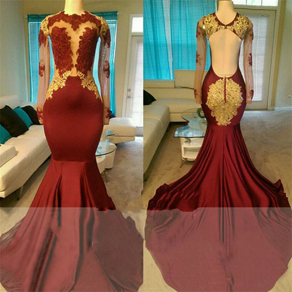 Burgundy Mermaid Evening Dresses Long Sleeves Appliques Beads Open Back Sweep Train Real Images Arabic Evening Party Gowns Customized