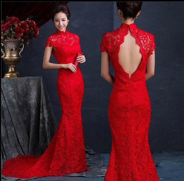 Luxury Red Lace Silk Slim Chinese Dresses Long Cheongsam Dress Improved Red High Collar Backless Bridal Bride Dresses Mermaid Style