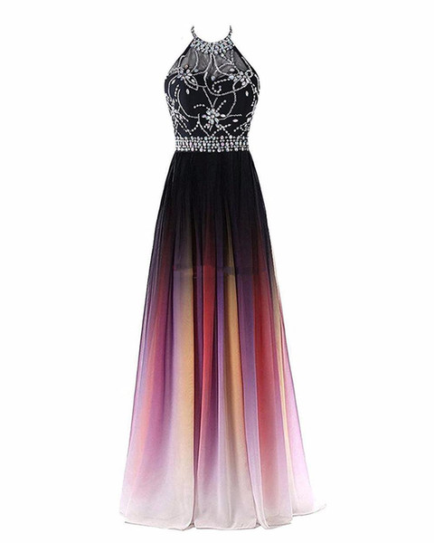 Sexy Halter Neck A-line Gradient Color Prom Dresses Beaded Sheer Neck Lace Up Pluning Back Design Women Evening Dress Waist Beaded Sash