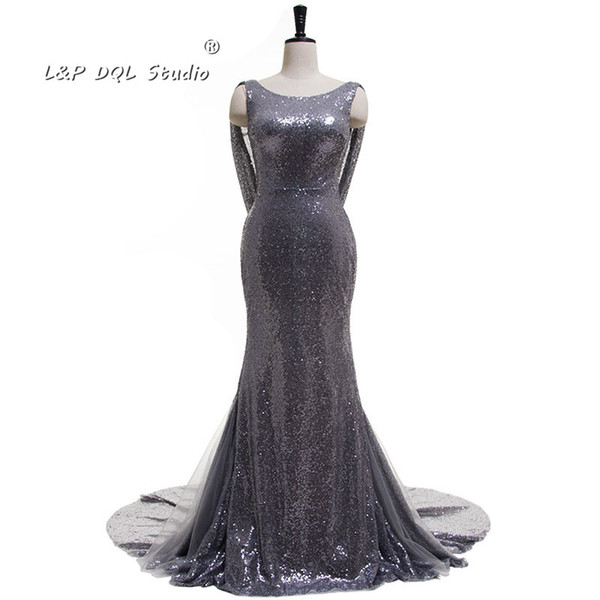 Sexy Gray Sequined Dresses Long Evening Dress Backless Prom Gowns Scoop Court train Sequins with Tulle Runway Gowns