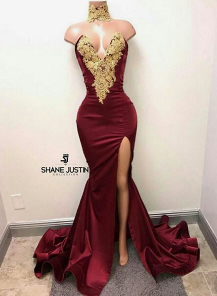 Sexy burgundy Evening Dress Side Split Sweep Train Gold Applique with rhinestones Prom Gowns Custom Made Elastic Satin/Velvet