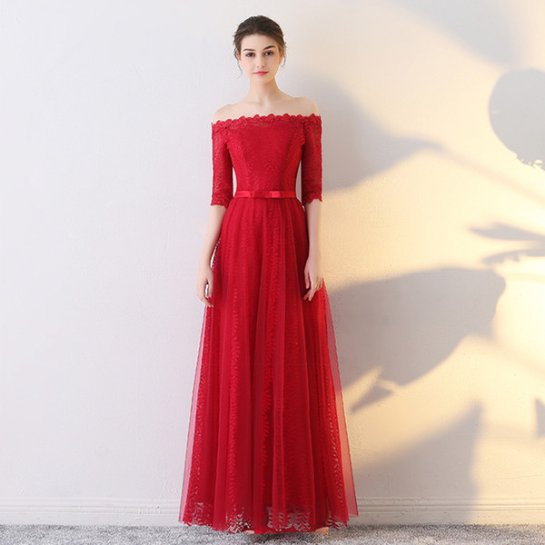 Elegant Red Evening Dress Soft Tulle Floral Lace Half Sleeves Floor Length Formal Gowns Lace up Back Prom Dress Cheap